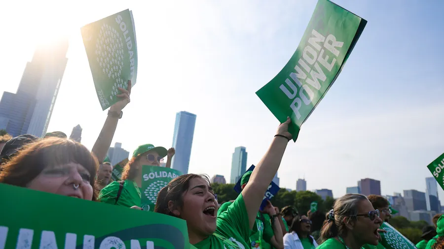 AFSCME members rally at an event outside Shedd Aquarium in Chicago.